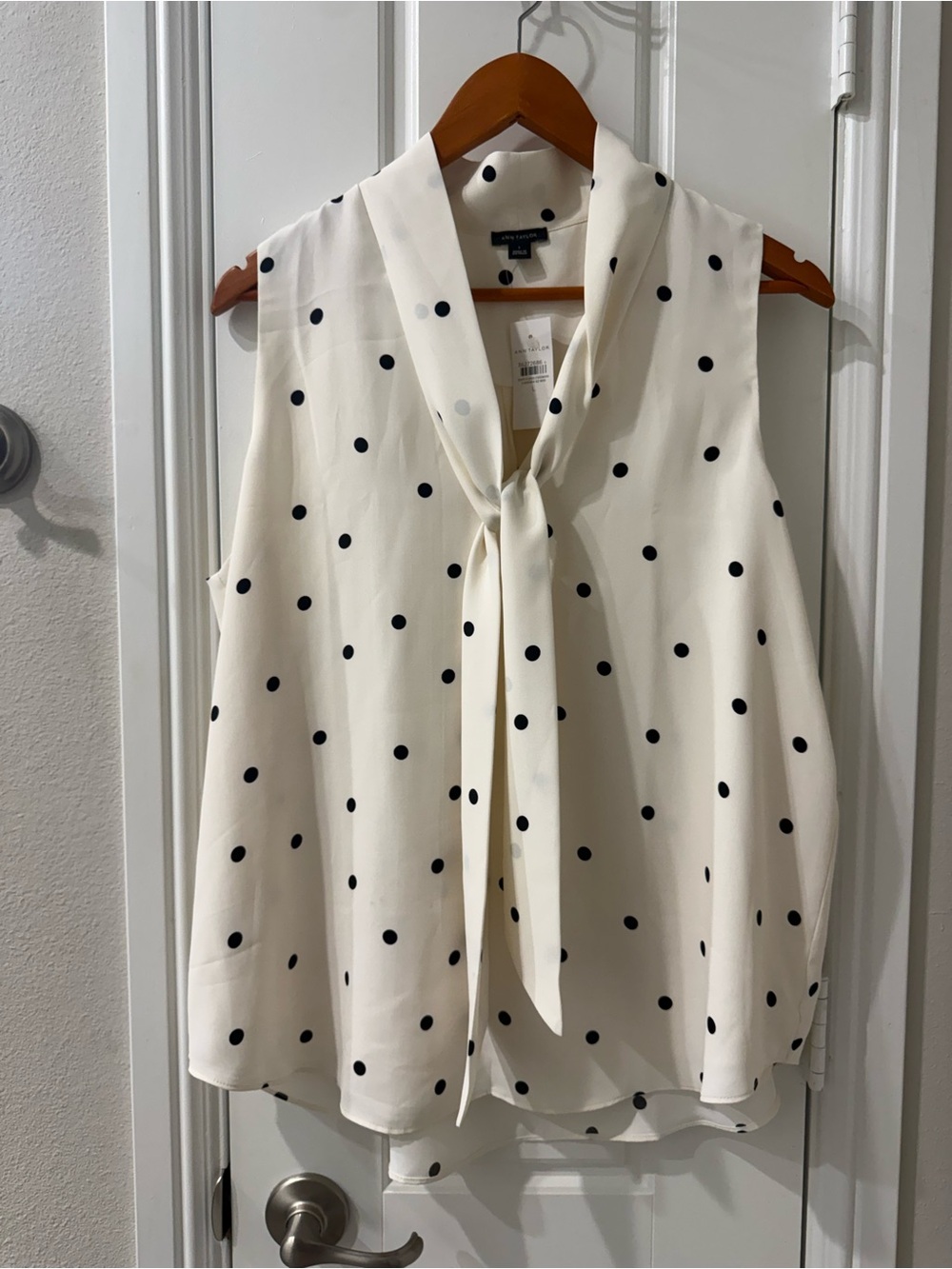 Ann Taylor Ivory Sleeveless Tie-Neck Polka Dot Blouse